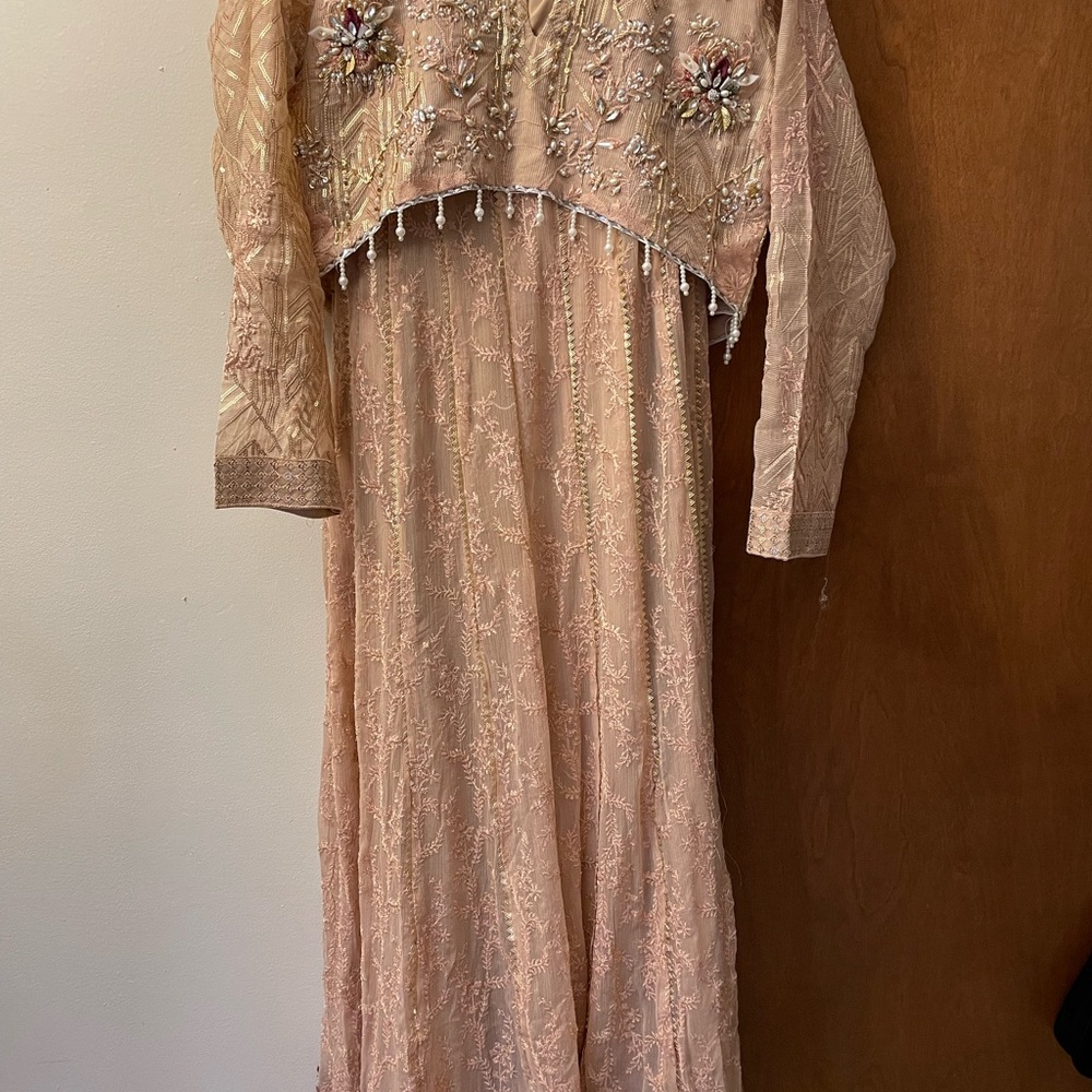 4 piece pakistani indian Embroidered Peach Evening Dress with Beaded Accents